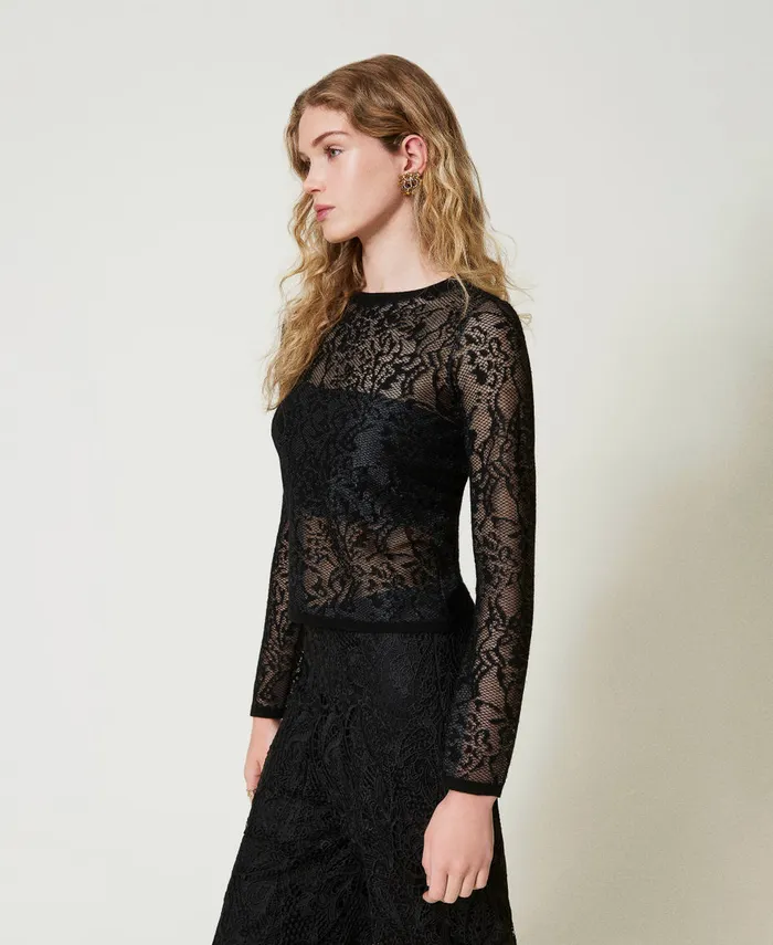 Twinset Jacquard Jumper With Lace Effect Black Women Jumpers And Cardigans Twinset Jacquard Jumper With Lace Effect Black Women Jumpers And Cardigans