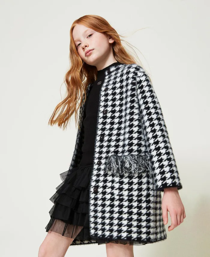 Twinset Jacquard Knit Coat With Houndstooth Pattern Bicolour Black Off White Girl Jackets And Outerwear