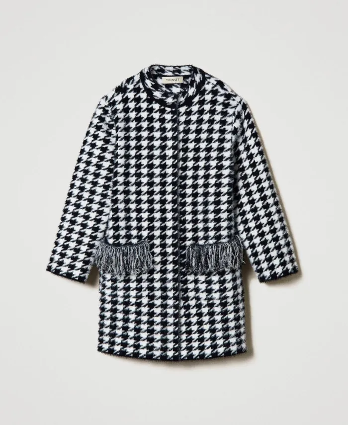 Twinset Jacquard Knit Coat With Houndstooth Pattern Bicolour Black Off White Girl Jackets And Outerwear Twinset Jacquard Knit Coat With Houndstooth Pattern Bicolour Black Off White Girl Jackets And Outerwear