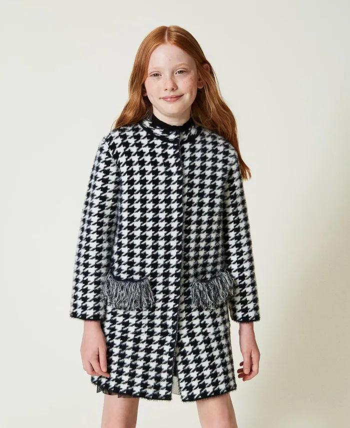 Twinset Jacquard Knit Coat With Houndstooth Pattern Bicolour Black Off White Girl Jackets And Outerwear Twinset Jacquard Knit Coat With Houndstooth Pattern Bicolour Black Off White Girl Jackets And Outerwear