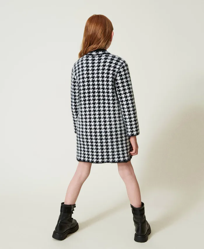Twinset Jacquard Knit Coat With Houndstooth Pattern Bicolour Black Off White Girl Jackets And Outerwear Twinset Jacquard Knit Coat With Houndstooth Pattern Bicolour Black Off White Girl Jackets And Outerwear