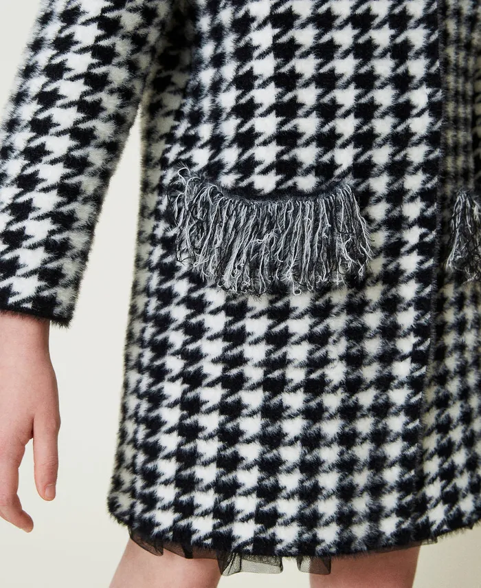 Twinset Jacquard Knit Coat With Houndstooth Pattern Bicolour Black Off White Girl Jackets And Outerwear Twinset Jacquard Knit Coat With Houndstooth Pattern Bicolour Black Off White Girl Jackets And Outerwear