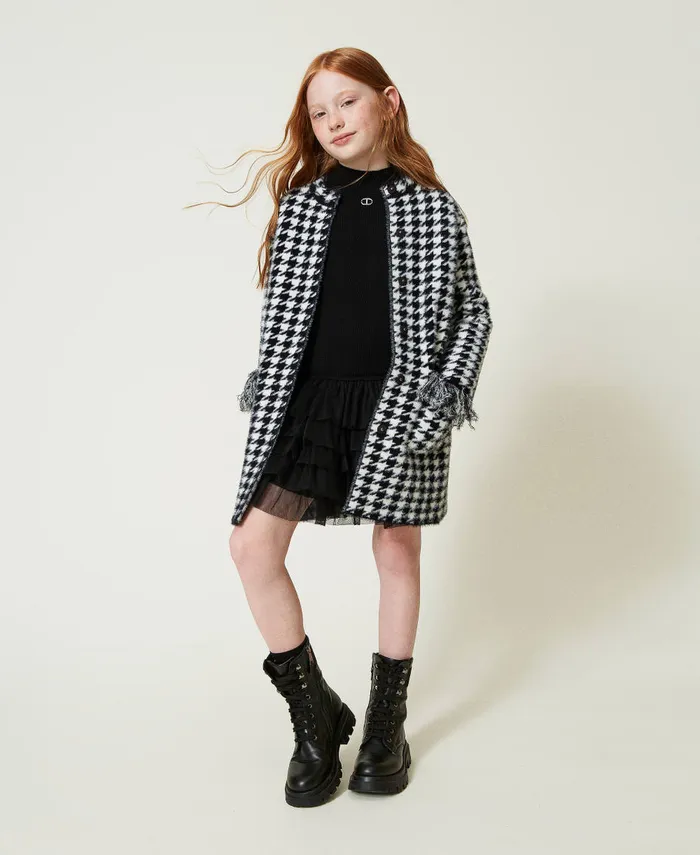 Twinset Jacquard Knit Coat With Houndstooth Pattern Bicolour Black Off White Girl Jackets And Outerwear Twinset Jacquard Knit Coat With Houndstooth Pattern Bicolour Black Off White Girl Jackets And Outerwear