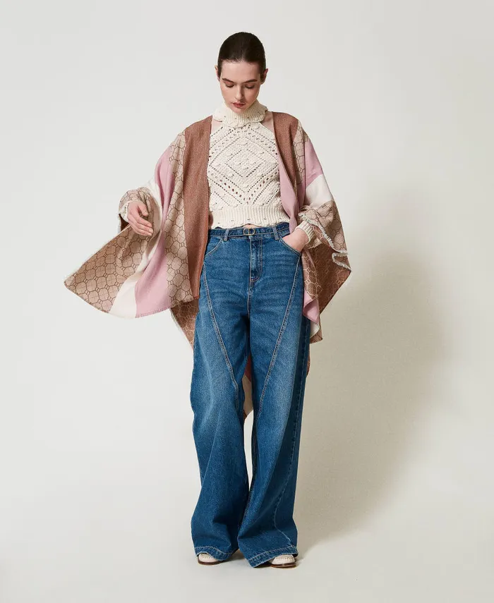 Twinset Jacquard Poncho With Oval T All Over Parisienne Pink Stripe Jacquard Women Jackets And Outerwear