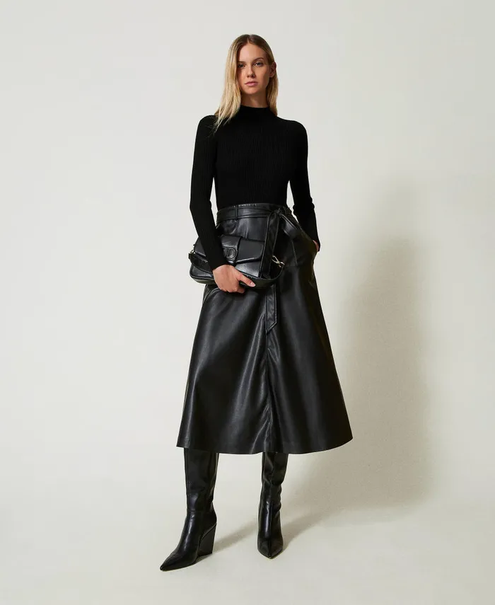 Twinset Knit And Coated Fabric Midi Dress Black Women Dresses