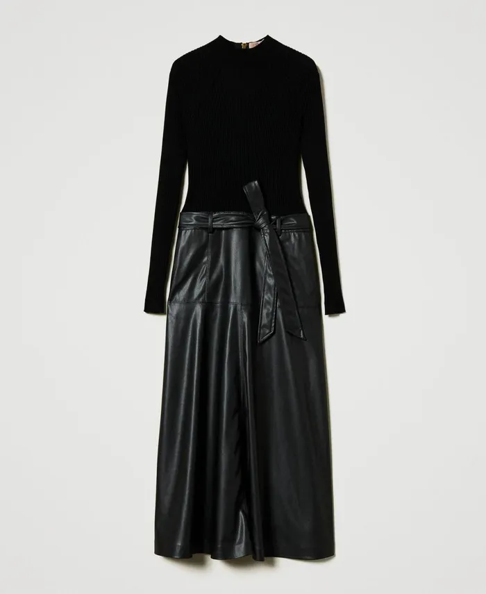 Twinset Knit And Coated Fabric Midi Dress Black Women Dresses Twinset Knit And Coated Fabric Midi Dress Black Women Dresses
