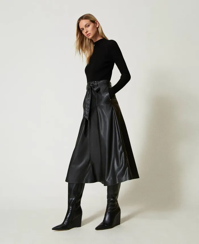 Twinset Knit And Coated Fabric Midi Dress Black Women Dresses Twinset Knit And Coated Fabric Midi Dress Black Women Dresses