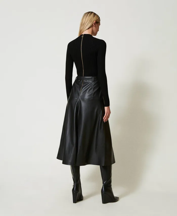 Twinset Knit And Coated Fabric Midi Dress Black Women Dresses Twinset Knit And Coated Fabric Midi Dress Black Women Dresses
