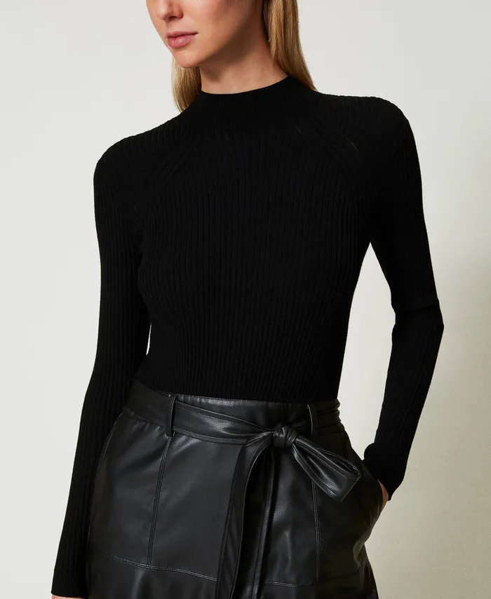 Twinset Knit And Coated Fabric Midi Dress Black Women Dresses Twinset Knit And Coated Fabric Midi Dress Black Women Dresses