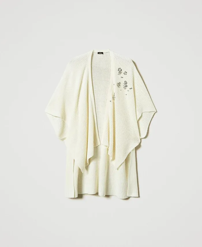 Twinset Knit Poncho With Embroidery White Cream Women Jackets And Outerwear Twinset Knit Poncho With Embroidery White Cream Women Jackets And Outerwear