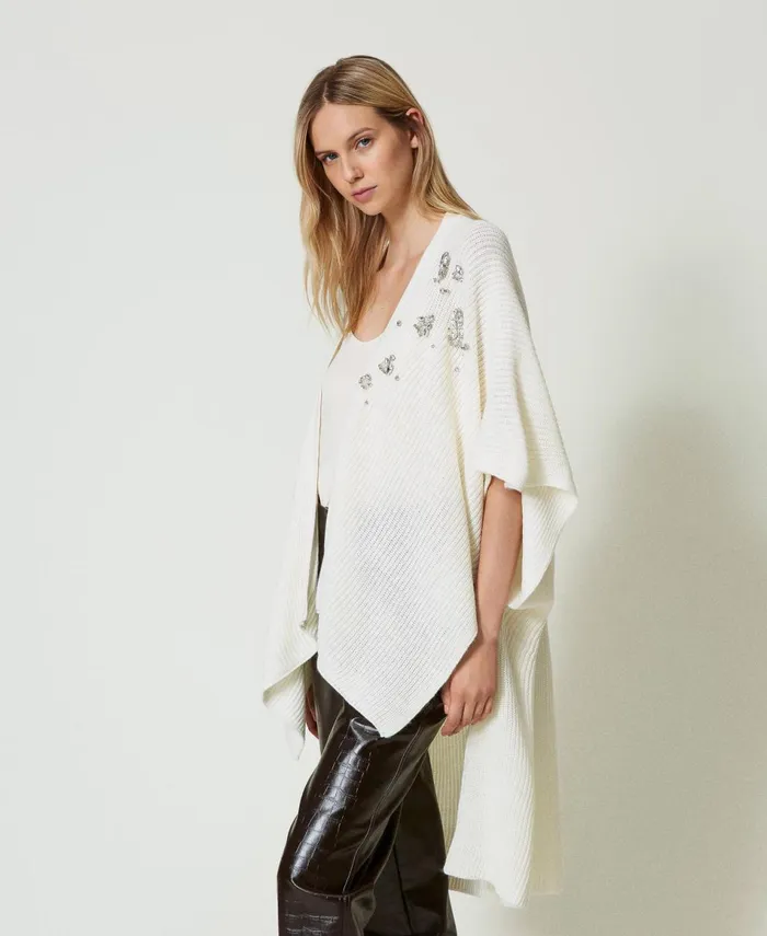 Twinset Knit Poncho With Embroidery White Cream Women Jackets And Outerwear Twinset Knit Poncho With Embroidery White Cream Women Jackets And Outerwear
