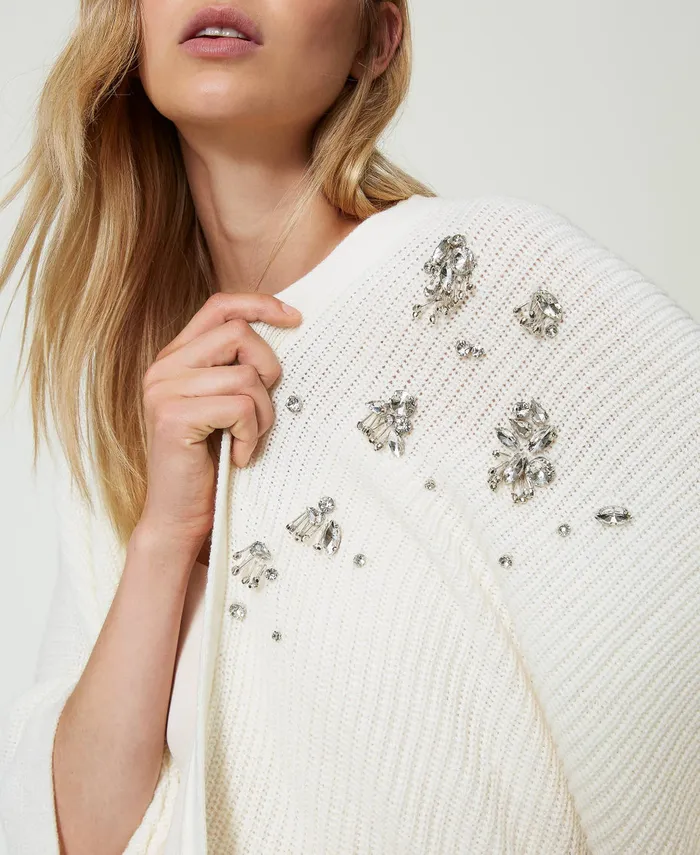 Twinset Knit Poncho With Embroidery White Cream Women Jackets And Outerwear Twinset Knit Poncho With Embroidery White Cream Women Jackets And Outerwear