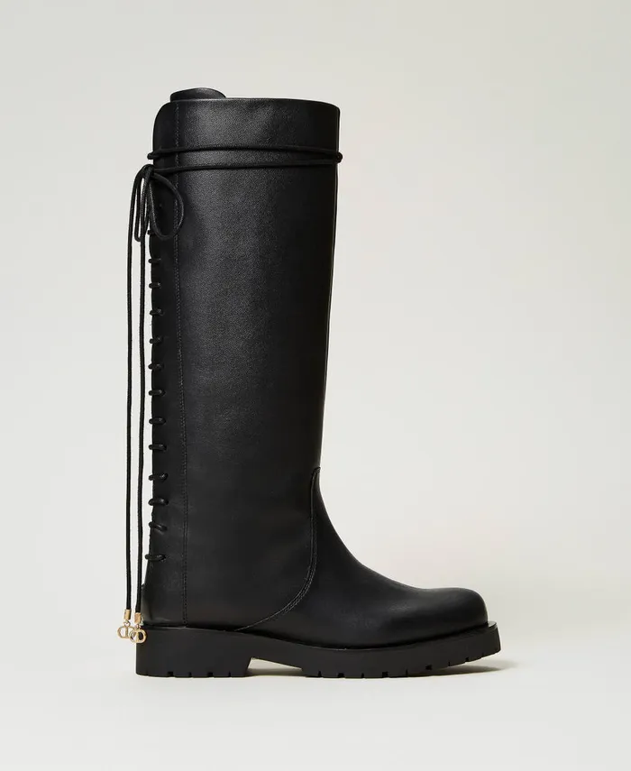 Twinset LaceUp Leather Boots Black Women Boots And Ankle Boots