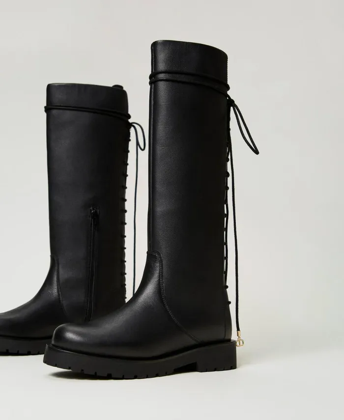 Twinset LaceUp Leather Boots Black Women Boots And Ankle Boots Twinset LaceUp Leather Boots Black Women Boots And Ankle Boots