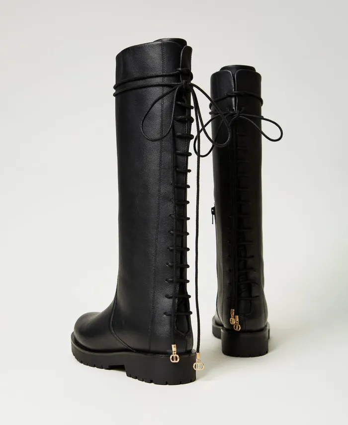 Twinset LaceUp Leather Boots Black Women Boots And Ankle Boots Twinset LaceUp Leather Boots Black Women Boots And Ankle Boots
