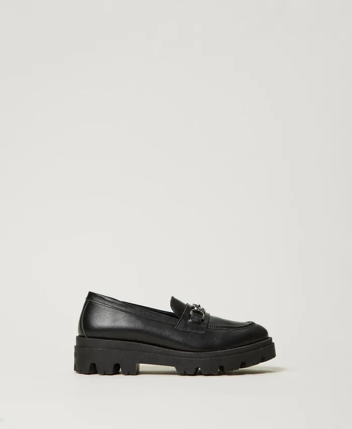 Twinset Leather Loafers With Oval T Black Girl