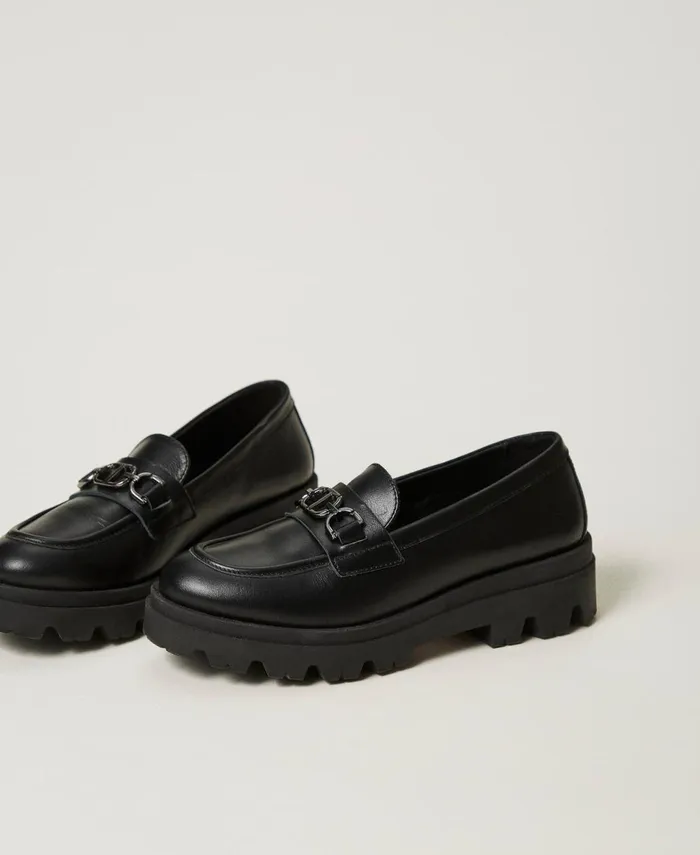 Twinset Leather Loafers With Oval T Black Girl Twinset Leather Loafers With Oval T Black Girl