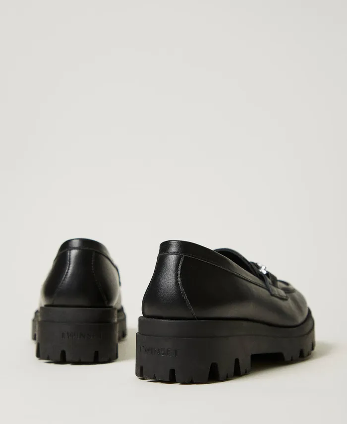 Twinset Leather Loafers With Oval T Black Girl Twinset Leather Loafers With Oval T Black Girl