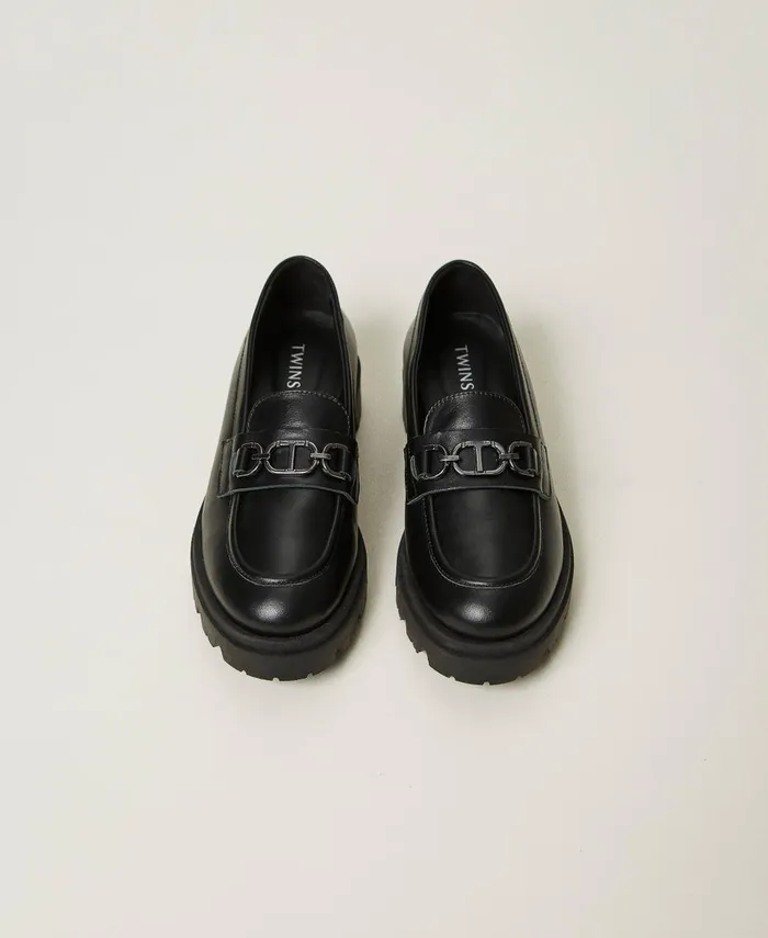 Twinset Leather Loafers With Oval T Black Girl Twinset Leather Loafers With Oval T Black Girl