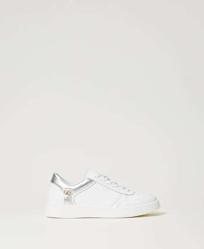 Twinset Leather Trainers With Laminated Inserts Twotone Optical White Silver Women Trainers