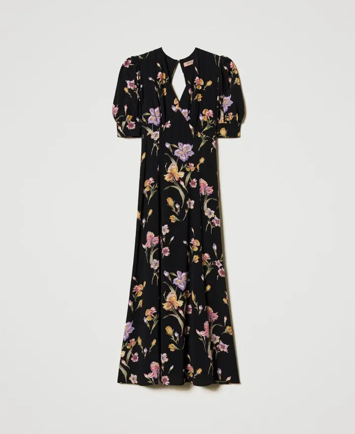 Twinset Long Crpe De Chine Floral Dress Multicolourblack Iris Print Women Dresses Twinset Long Crpe De Chine Floral Dress Multicolourblack Iris Print Women Dresses