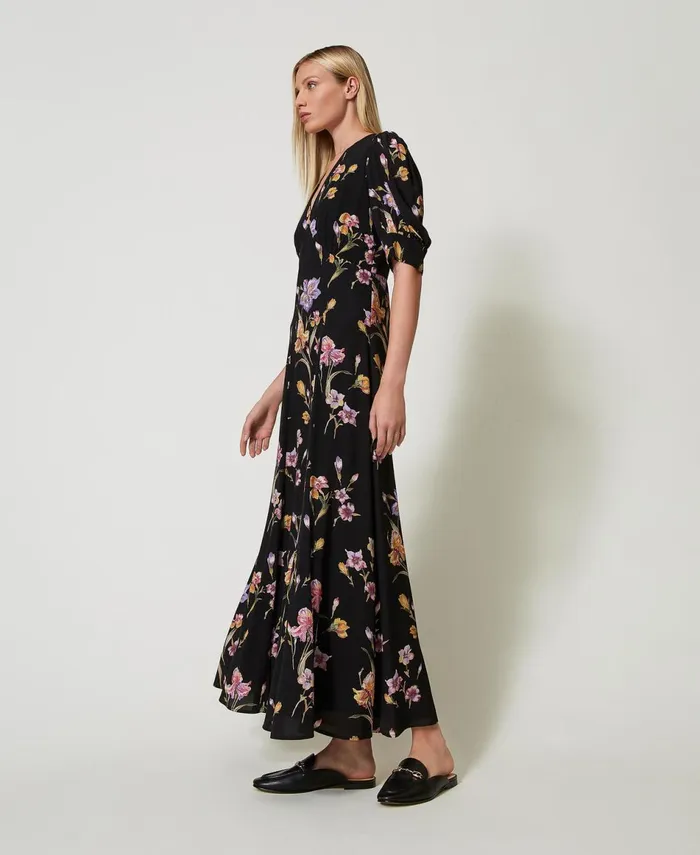 Twinset Long Crpe De Chine Floral Dress Multicolourblack Iris Print Women Dresses Twinset Long Crpe De Chine Floral Dress Multicolourblack Iris Print Women Dresses
