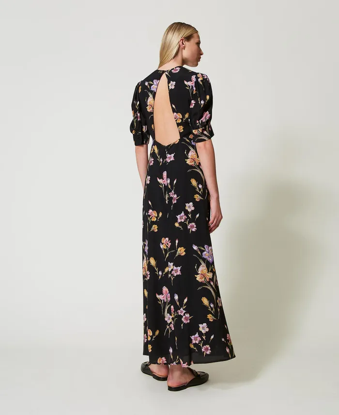 Twinset Long Crpe De Chine Floral Dress Multicolourblack Iris Print Women Dresses Twinset Long Crpe De Chine Floral Dress Multicolourblack Iris Print Women Dresses