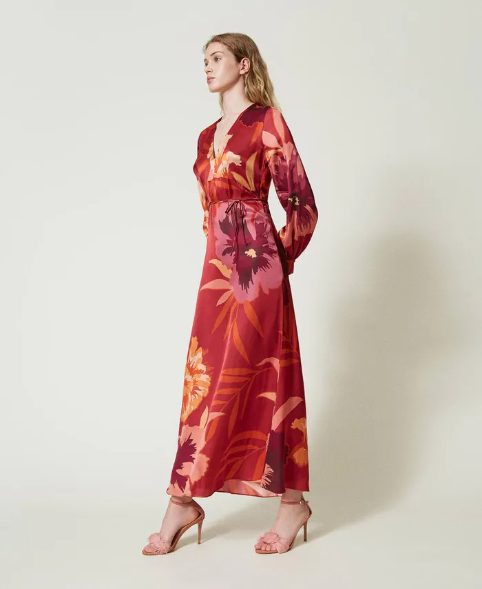 Twinset Long Floral Satin Dress Red Red Plum Macro Flowers Women Dresses