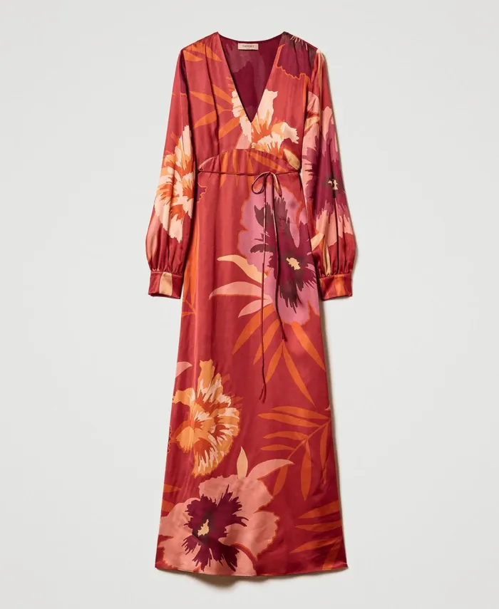 Twinset Long Floral Satin Dress Red Red Plum Macro Flowers Women Dresses Twinset Long Floral Satin Dress Red Red Plum Macro Flowers Women Dresses