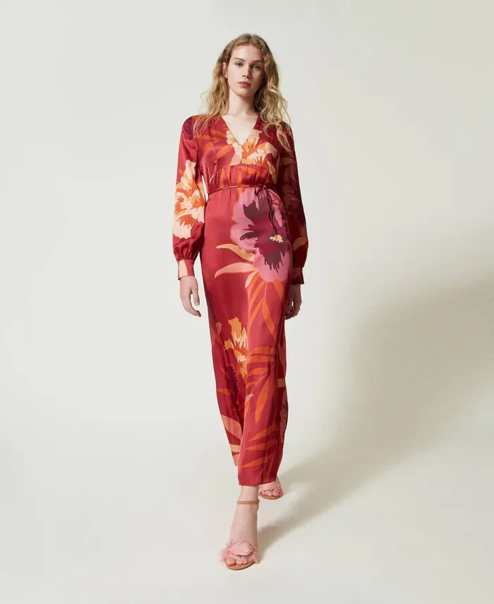 Twinset Long Floral Satin Dress Red Red Plum Macro Flowers Women Dresses Twinset Long Floral Satin Dress Red Red Plum Macro Flowers Women Dresses