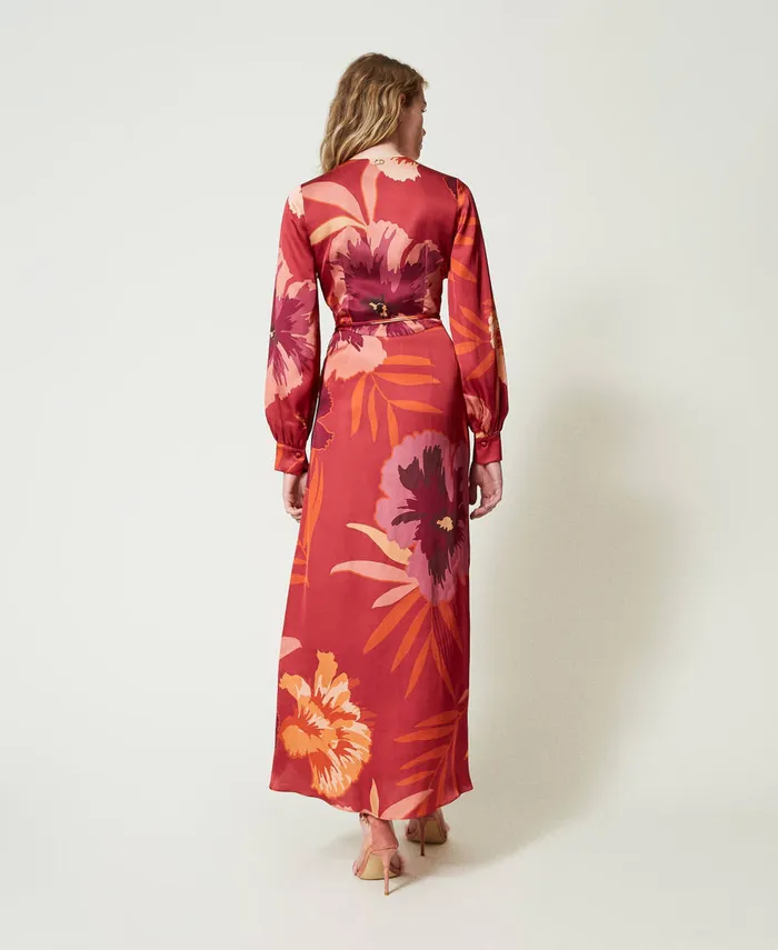 Twinset Long Floral Satin Dress Red Red Plum Macro Flowers Women Dresses Twinset Long Floral Satin Dress Red Red Plum Macro Flowers Women Dresses