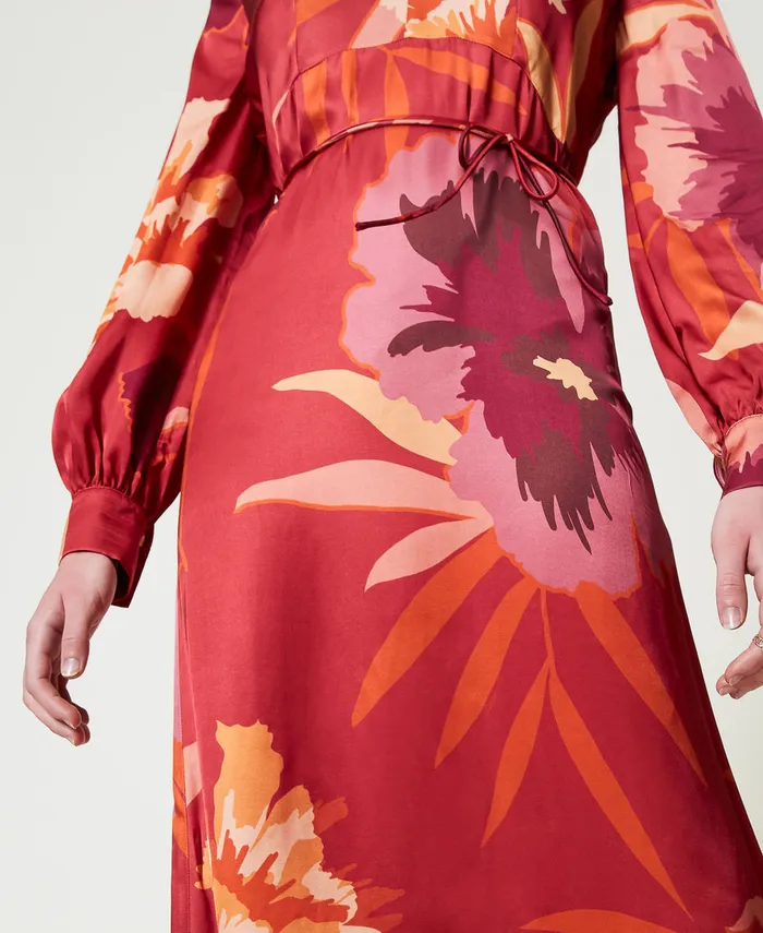 Twinset Long Floral Satin Dress Red Red Plum Macro Flowers Women Dresses Twinset Long Floral Satin Dress Red Red Plum Macro Flowers Women Dresses