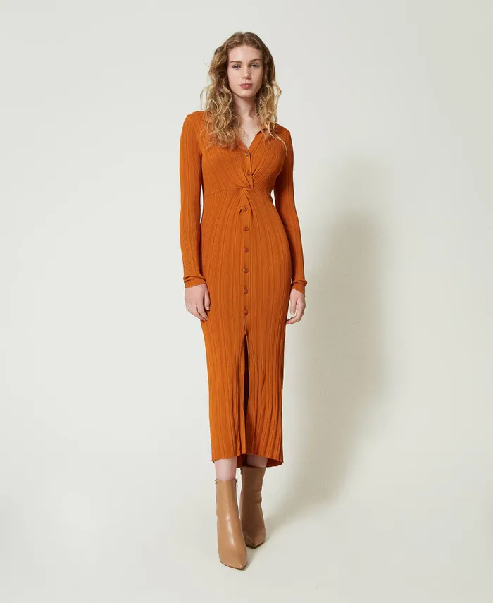Twinset Long Knit Dress With Gathering Tenn Orange Women Dresses