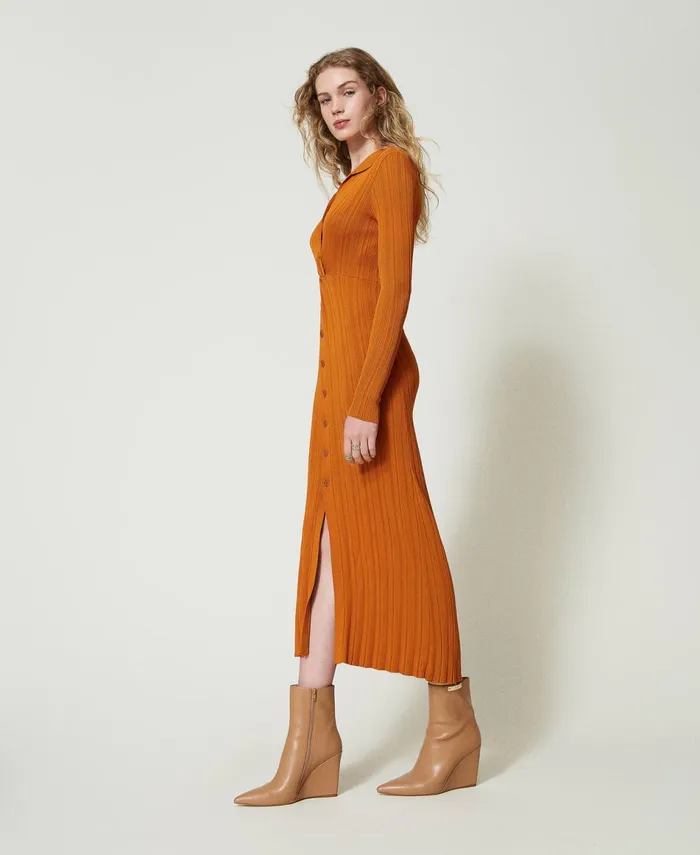 Twinset Long Knit Dress With Gathering Tenn Orange Women Dresses Twinset Long Knit Dress With Gathering Tenn Orange Women Dresses