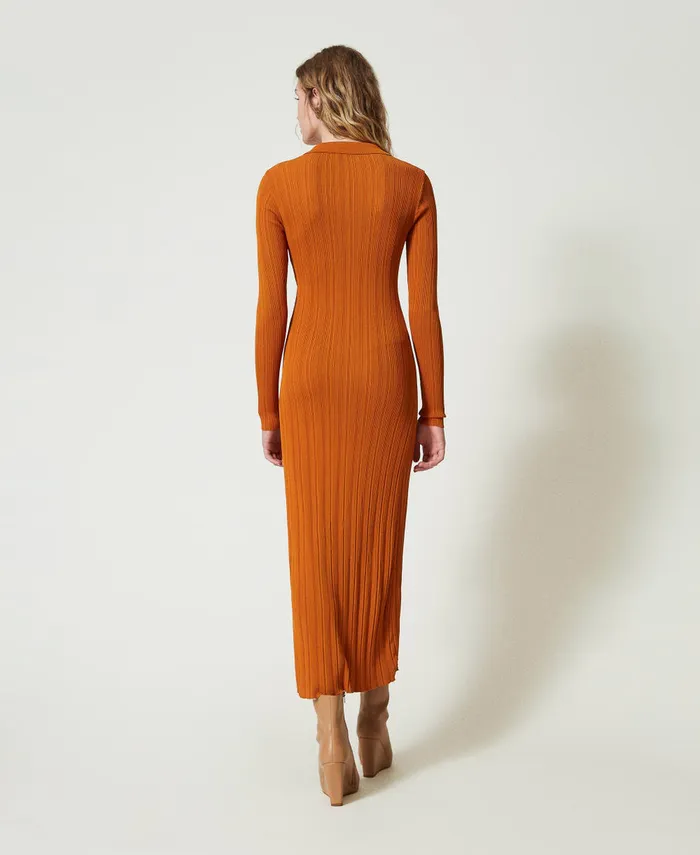 Twinset Long Knit Dress With Gathering Tenn Orange Women Dresses Twinset Long Knit Dress With Gathering Tenn Orange Women Dresses