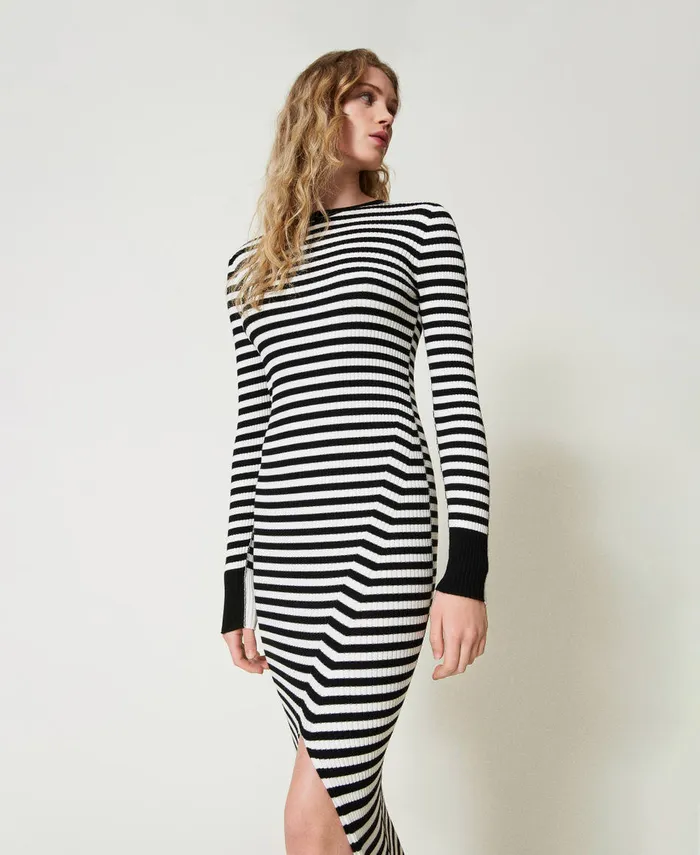 Twinset Long Striped Knit Dress Twotone Black Snow White Women Dresses