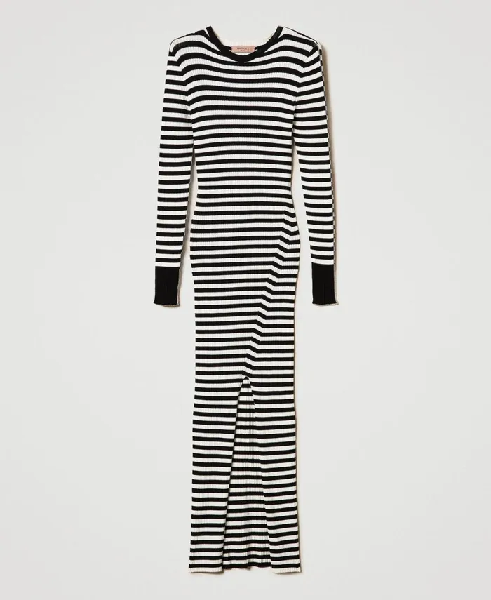 Twinset Long Striped Knit Dress Twotone Black Snow White Women Dresses Twinset Long Striped Knit Dress Twotone Black Snow White Women Dresses