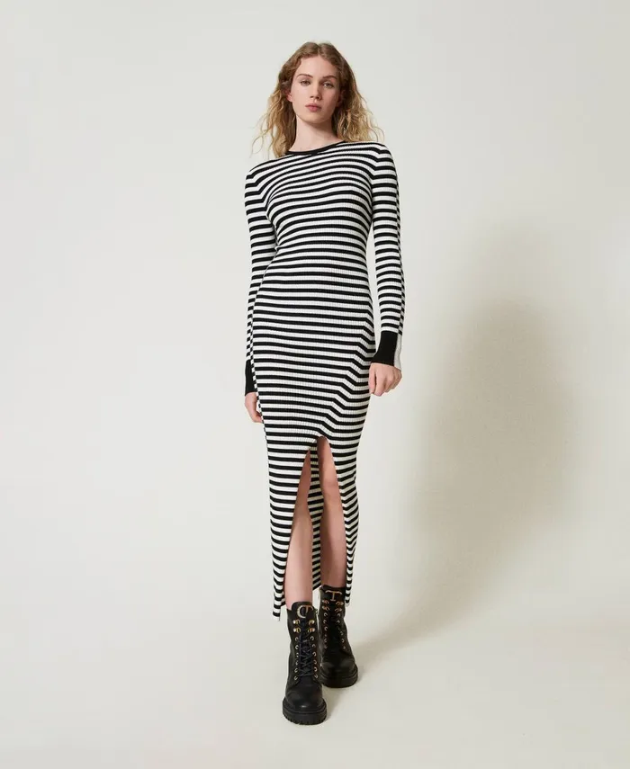 Twinset Long Striped Knit Dress Twotone Black Snow White Women Dresses Twinset Long Striped Knit Dress Twotone Black Snow White Women Dresses