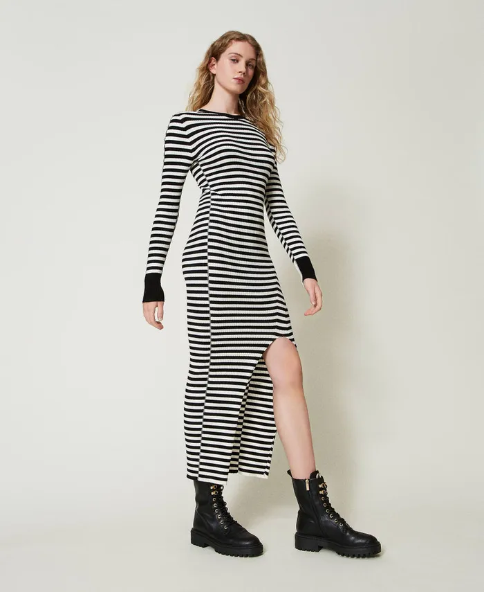 Twinset Long Striped Knit Dress Twotone Black Snow White Women Dresses Twinset Long Striped Knit Dress Twotone Black Snow White Women Dresses