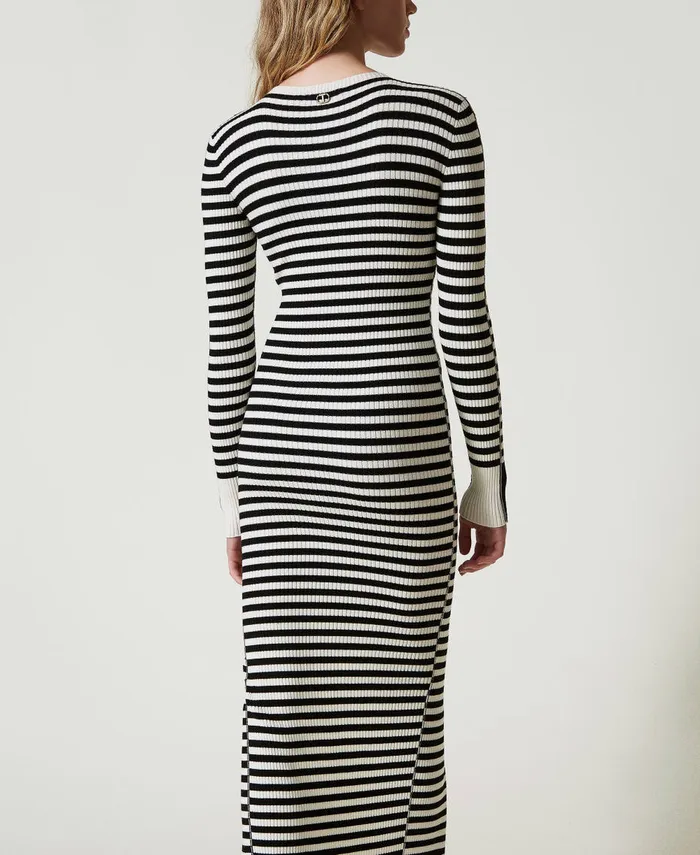 Twinset Long Striped Knit Dress Twotone Black Snow White Women Dresses Twinset Long Striped Knit Dress Twotone Black Snow White Women Dresses