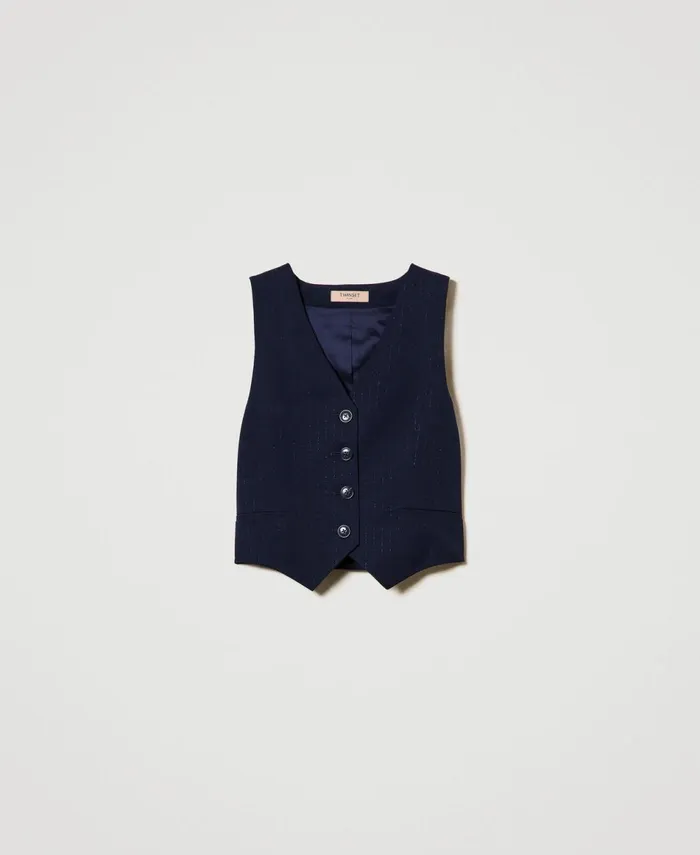 Twinset Lurex Pinstripe Fitted Waistcoat Lurex Pinstripe Indigo Women Jackets And Outerwear Twinset Lurex Pinstripe Fitted Waistcoat Lurex Pinstripe Indigo Women Jackets And Outerwear