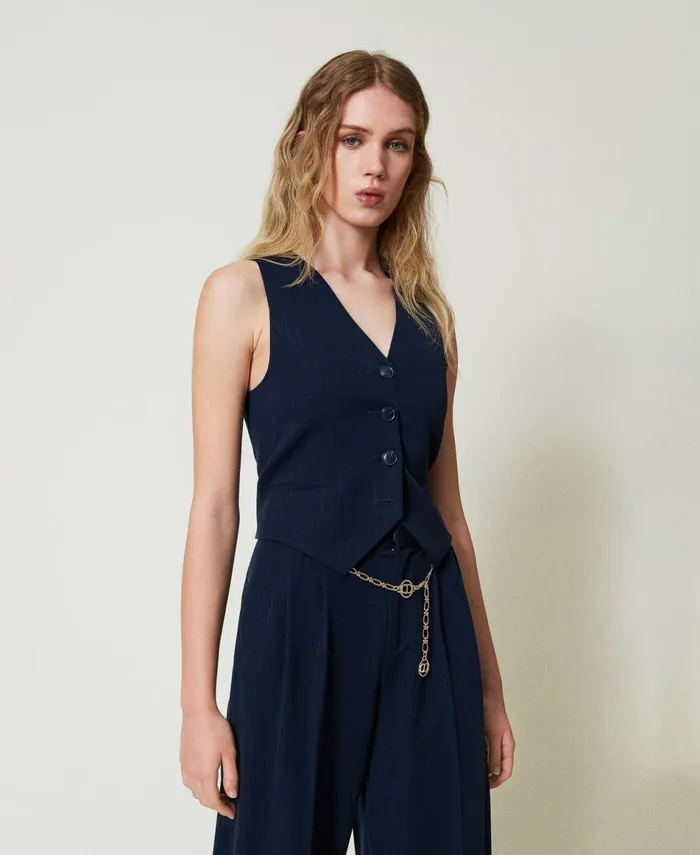 Twinset Lurex Pinstripe Fitted Waistcoat Lurex Pinstripe Indigo Women Jackets And Outerwear Twinset Lurex Pinstripe Fitted Waistcoat Lurex Pinstripe Indigo Women Jackets And Outerwear