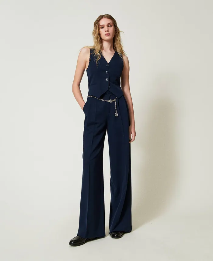 Twinset Lurex Pinstripe Fitted Waistcoat Lurex Pinstripe Indigo Women Jackets And Outerwear Twinset Lurex Pinstripe Fitted Waistcoat Lurex Pinstripe Indigo Women Jackets And Outerwear