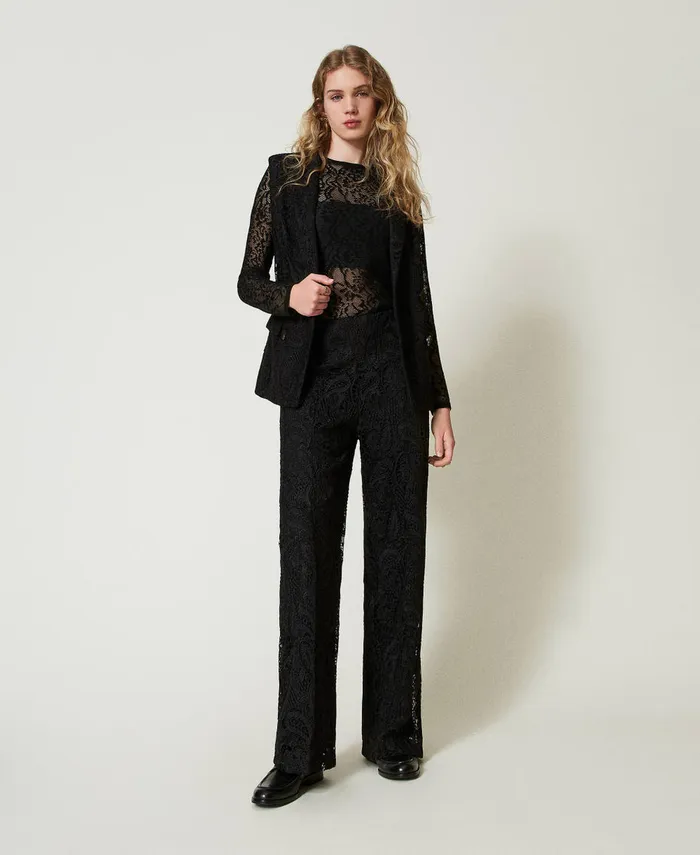 Twinset Macram Lace Wide Leg Trousers Black Women Suits And Sets