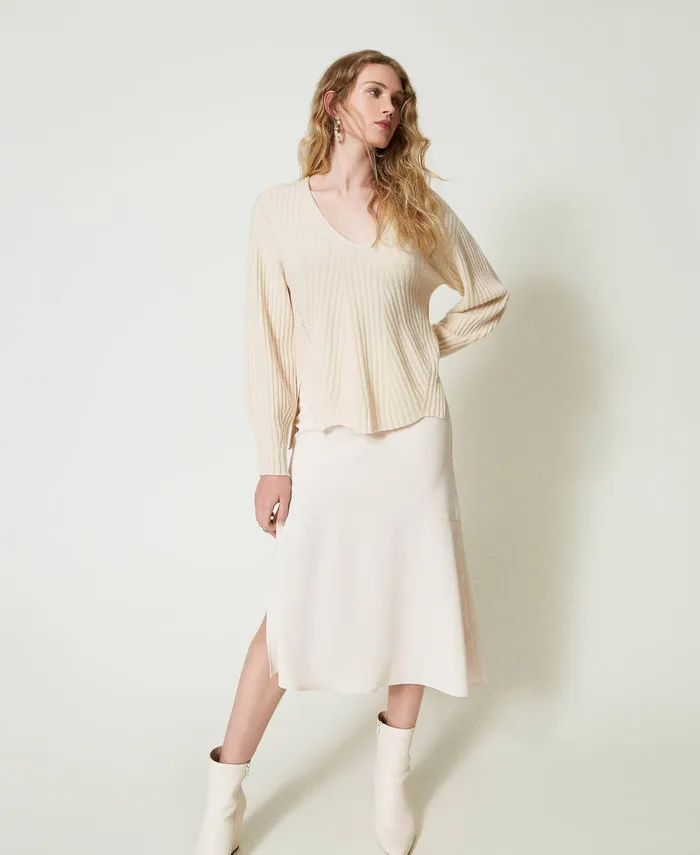 Twinset Midi Skirt With Oval T Chain Old White Women Skirts