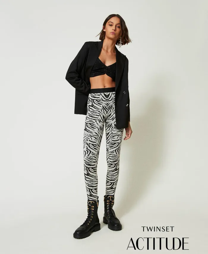 Twinset Myfo Jacquard Knit Leggings Twotone Tiger Jacquard Women Trousers