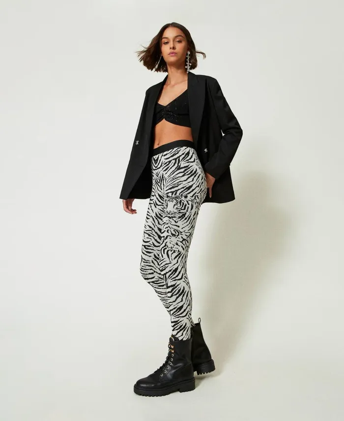 Twinset Myfo Jacquard Knit Leggings Twotone Tiger Jacquard Women Trousers Twinset Myfo Jacquard Knit Leggings Twotone Tiger Jacquard Women Trousers