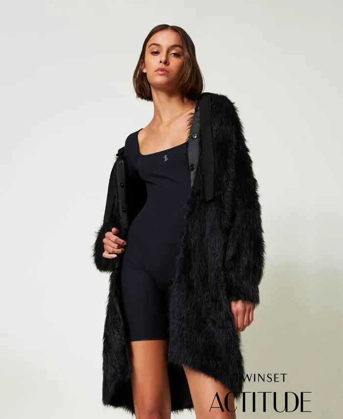 Twinset Myfo Knit Coat With Hood Black Women Jackets And Outerwear