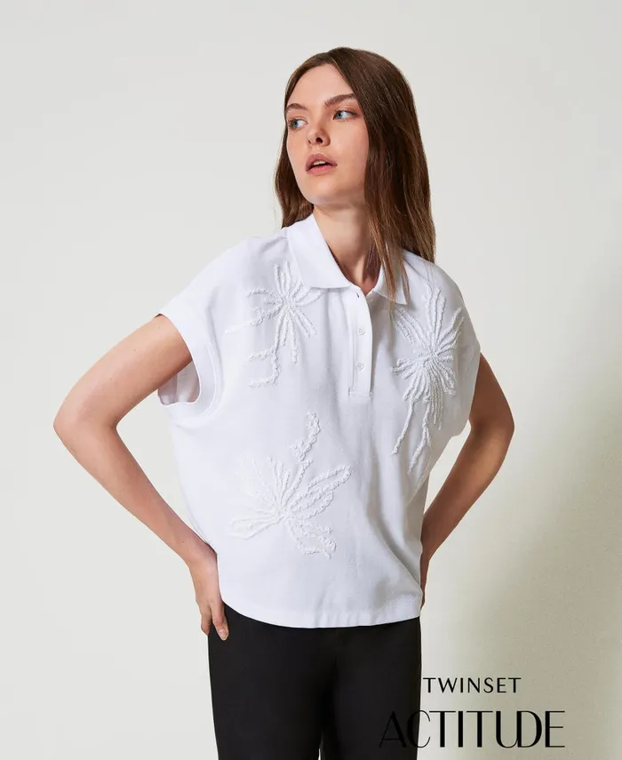 Twinset Pique Polo TShirt With Embroidery Papers White Women TShirts And Tops