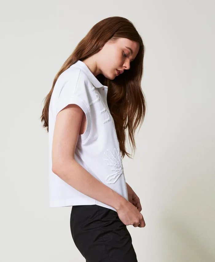 Twinset Pique Polo TShirt With Embroidery Papers White Women TShirts And Tops Twinset Pique Polo TShirt With Embroidery Papers White Women TShirts And Tops